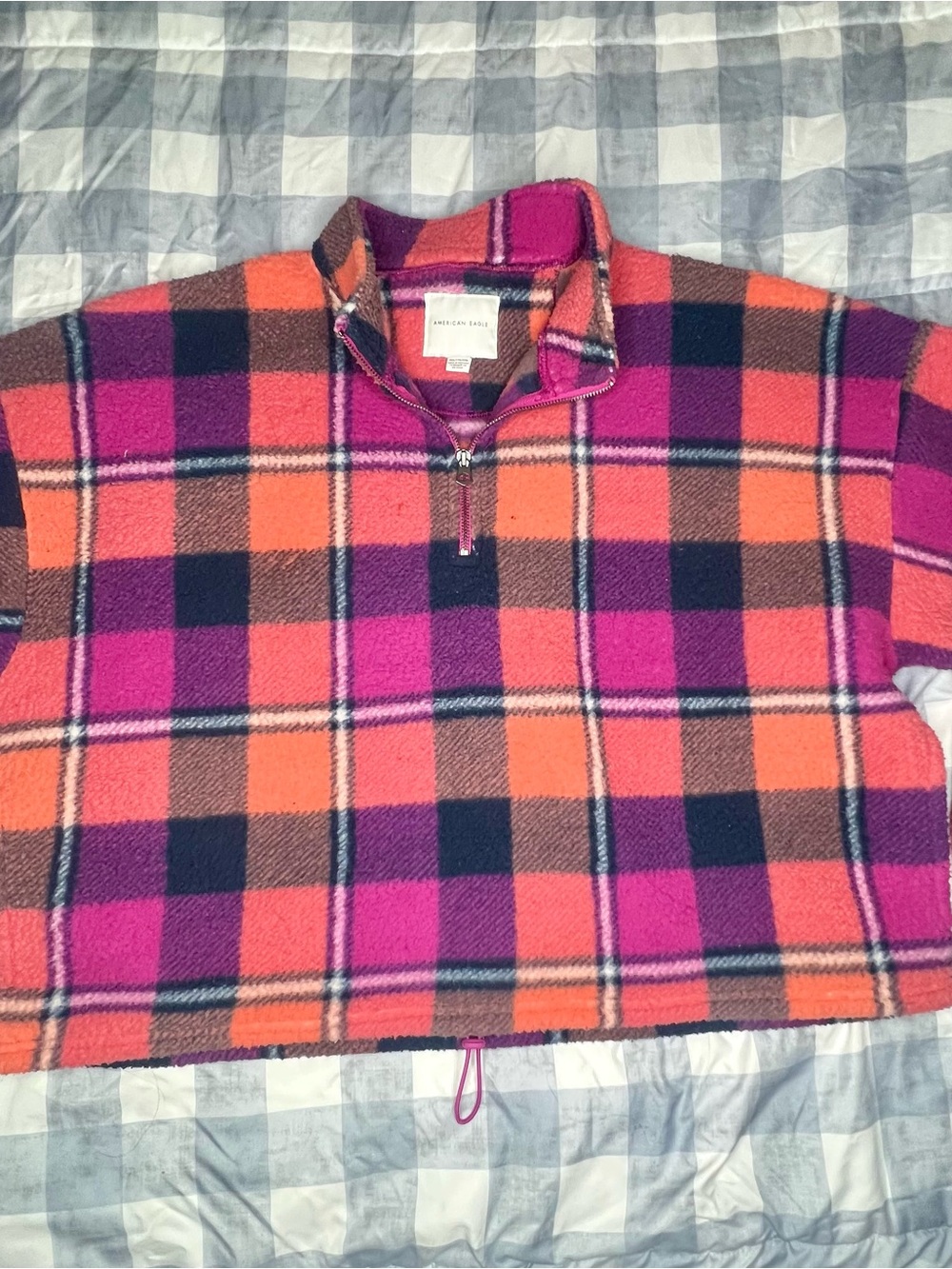 American Eagle Cropped Plaid Half-Zip Kids Fleece Shirt - Pink & Orange